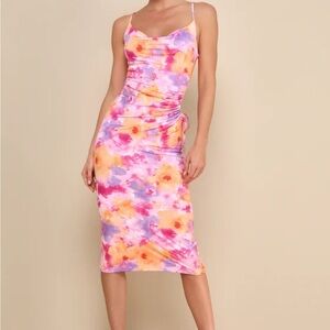 Lulus Vibrant Babe Pink Multi Floral Cutout Drawstring Midi Dress